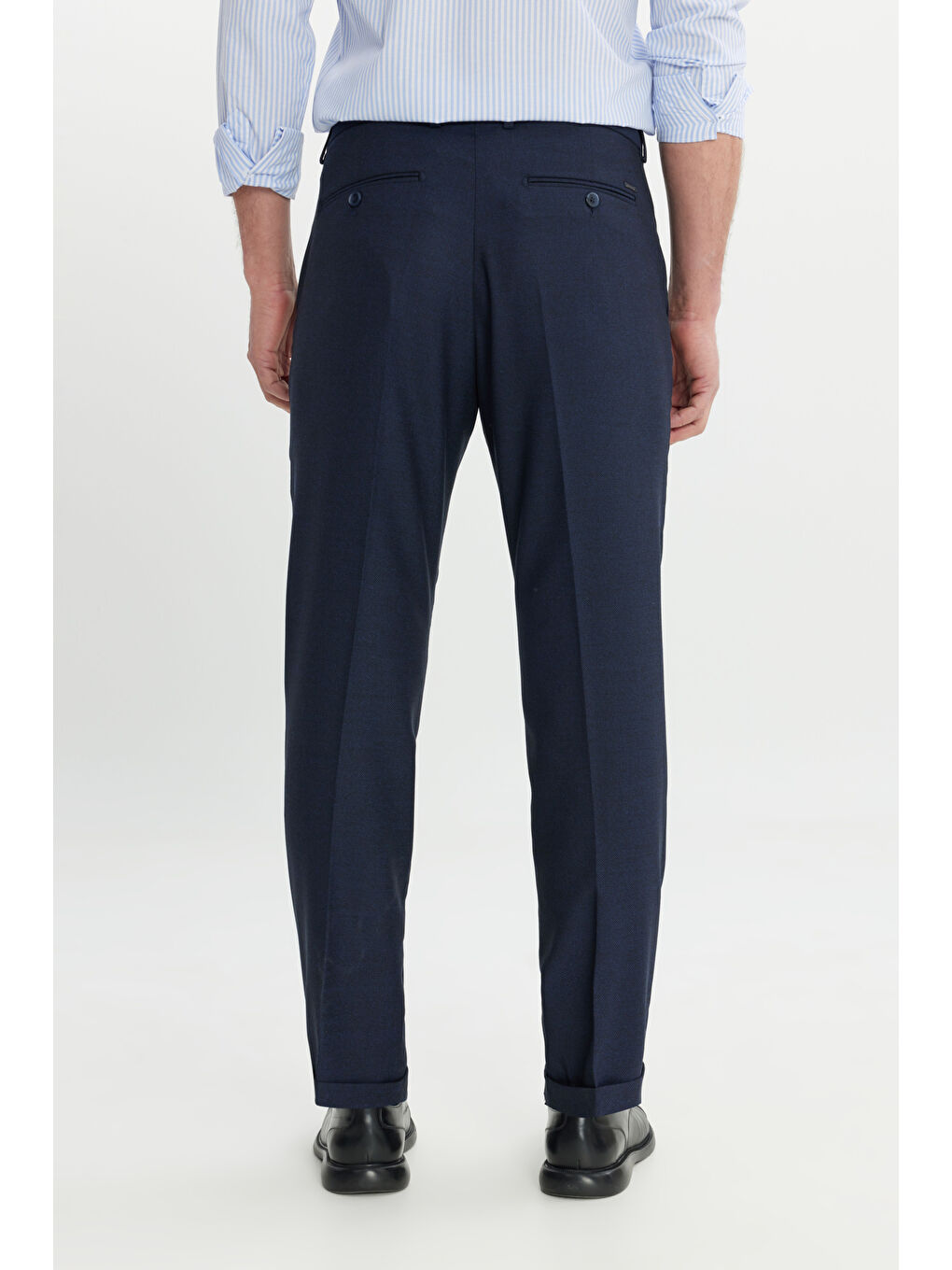 Erkek Lacivert Rahat Kesim Kuş Gözü Desenli Beli Lastikli Yan Cepli Klasik Pantolon-4