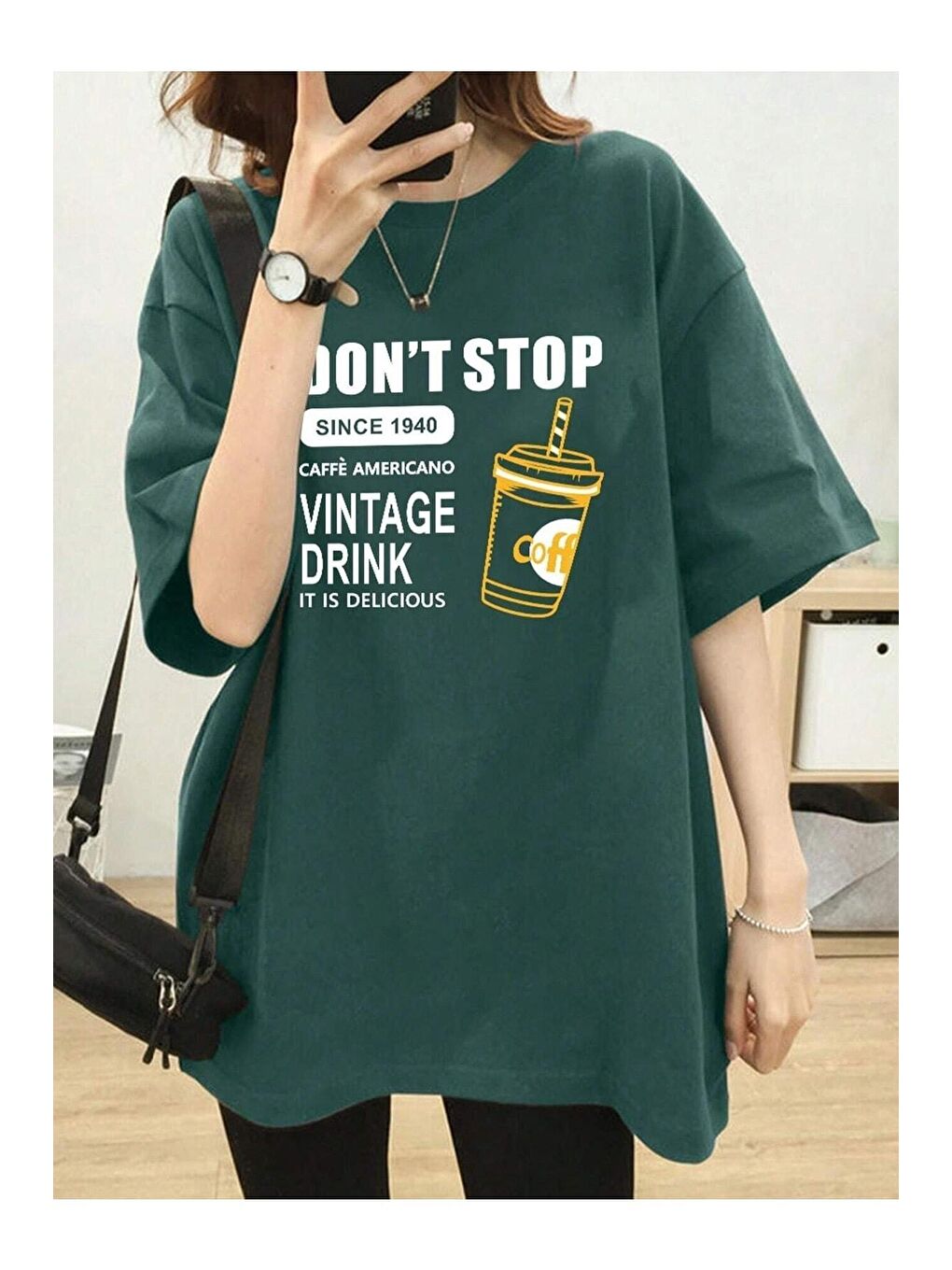 Trendseninle Yeşil Kadın Nefti Yeşil Vintage Drink Baskılı Oversize Tişört