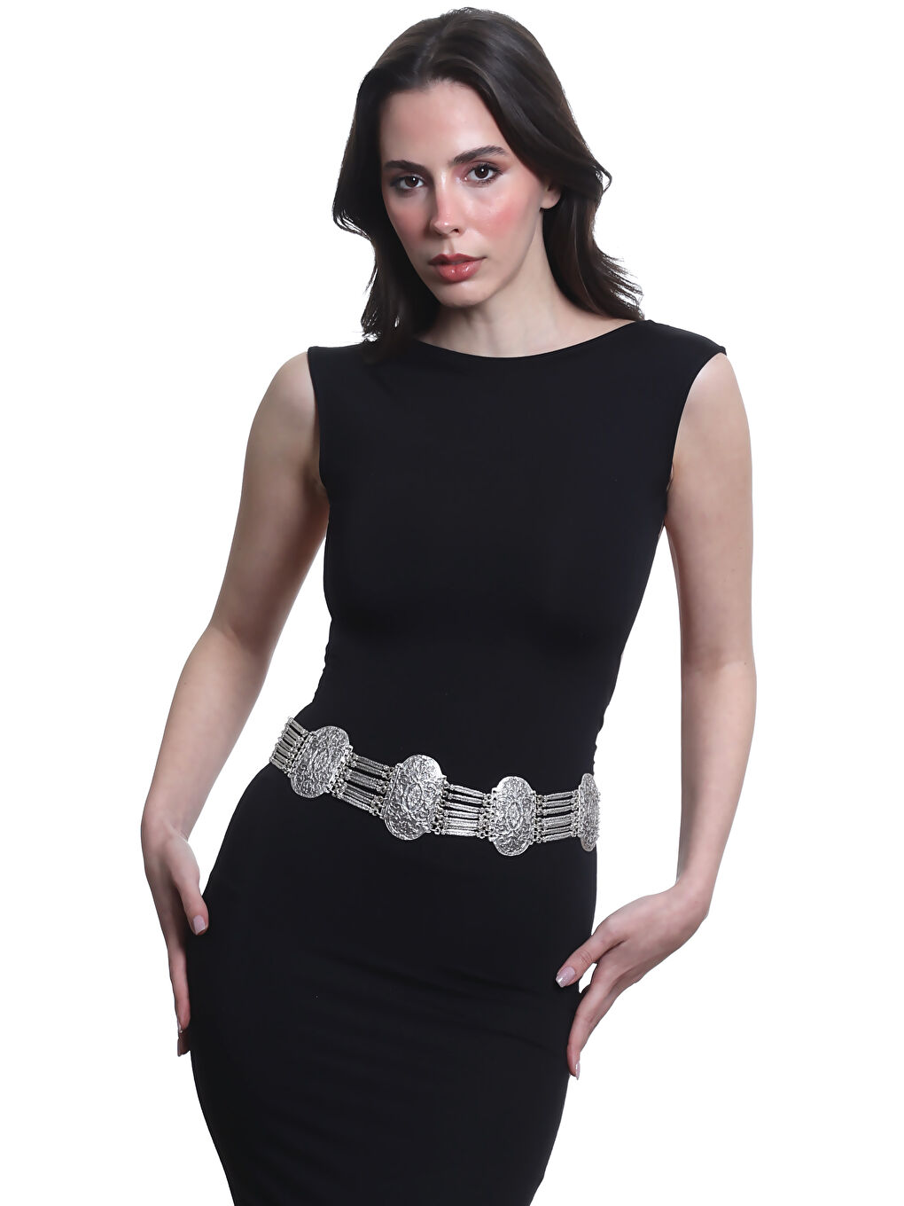 Gri Kadın Antik Gümüş Kaplama Etnik Motifli Tasarım Bohem Kemer-3