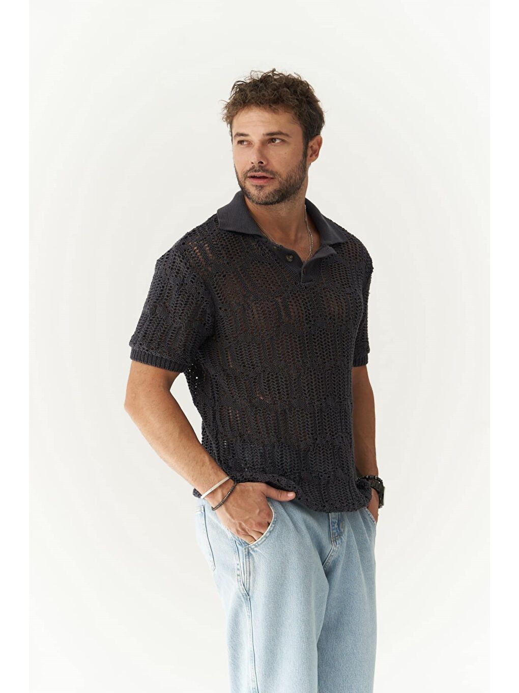 Gri Leonard Erkek Düğme Detay Füme Triko T-Shirt-1