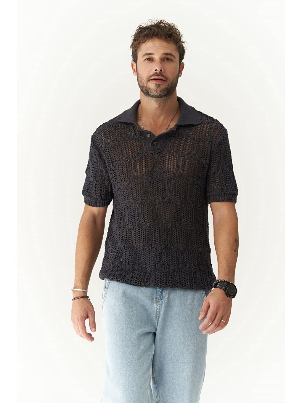 Gri Leonard Erkek Düğme Detay Füme Triko T-Shirt-2