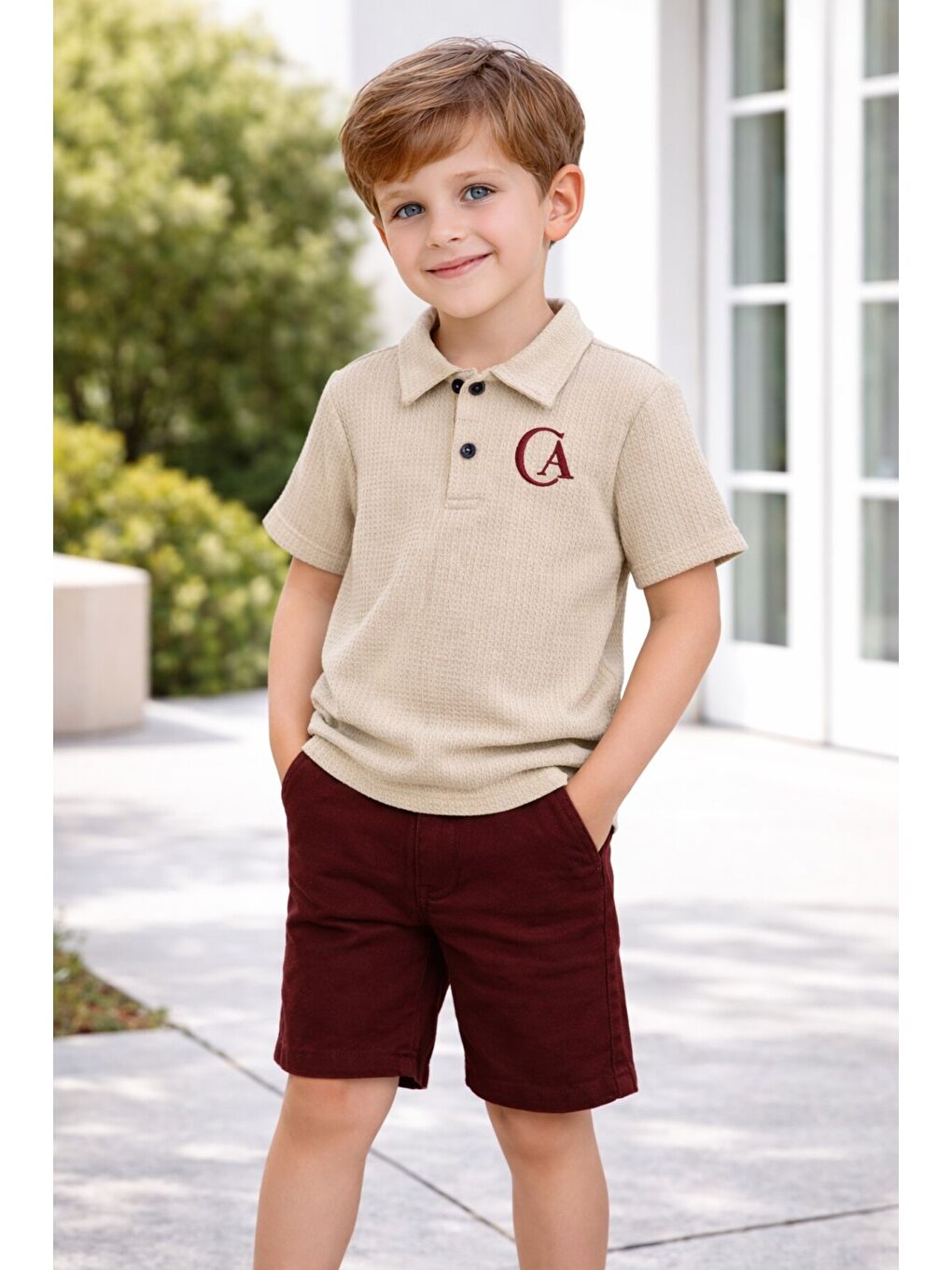 Ekru Tarz Lakos Yaprak Desenli Belden Ayarlanabilir Kısa Kollu Şortlu 2'li Takım Çocuk ve Bebek Giyi-1