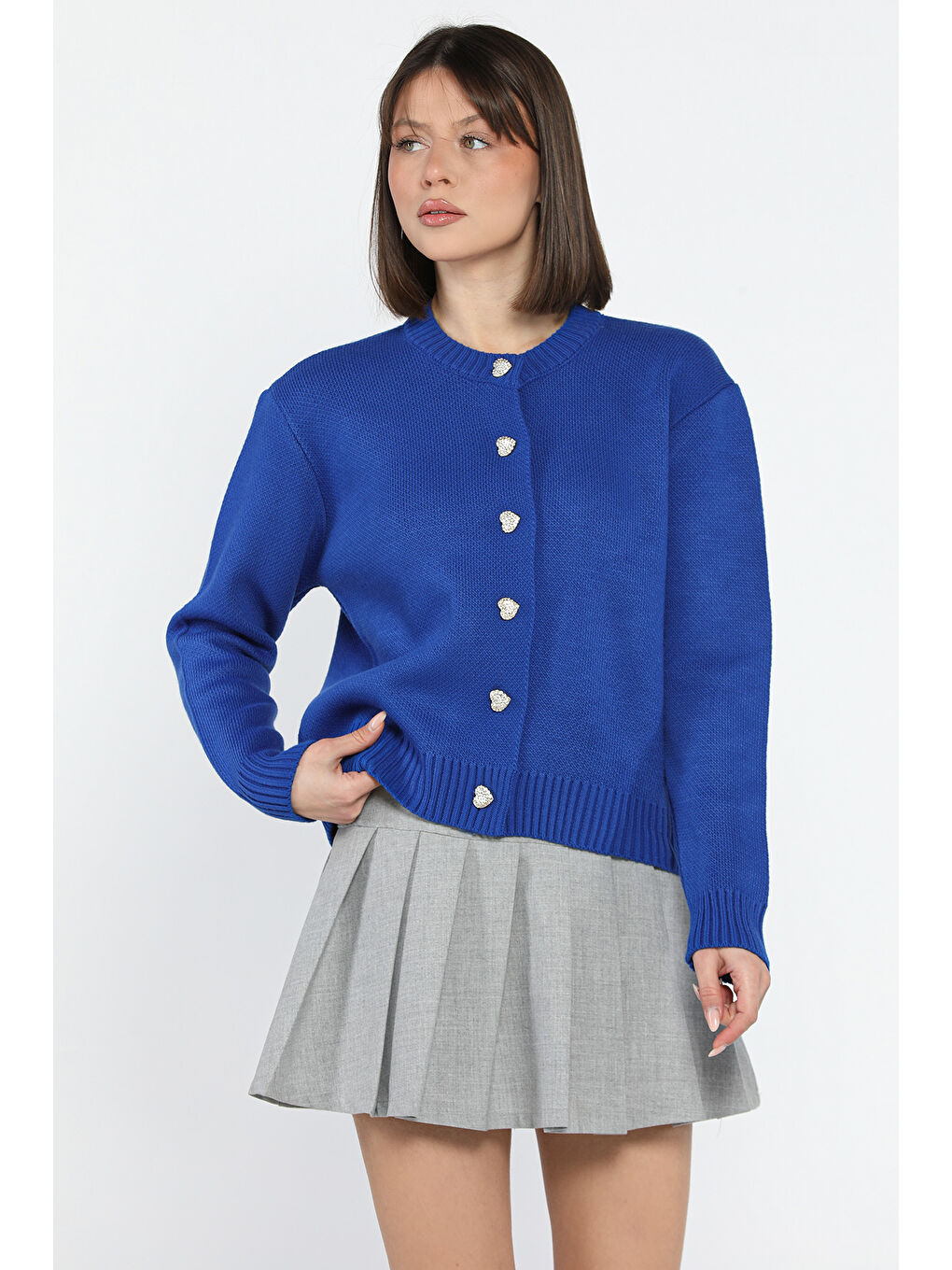 Mavi Kadın Taşlı Kalp Figürlü Düğmeli Triko Hırka-1