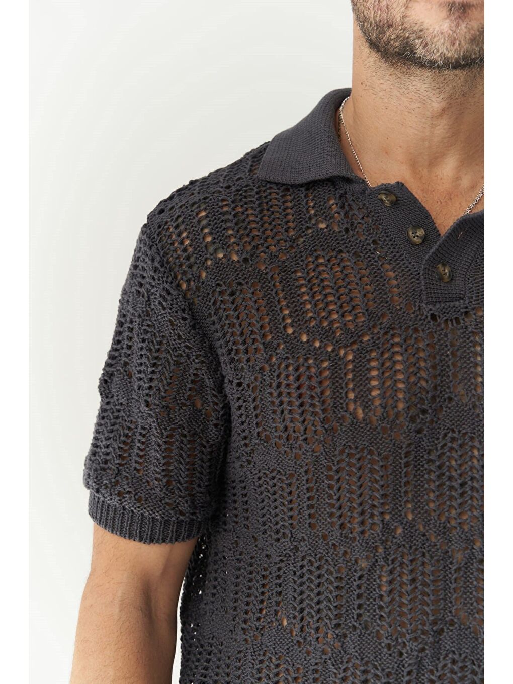 Gri Leonard Erkek Düğme Detay Füme Triko T-Shirt-4