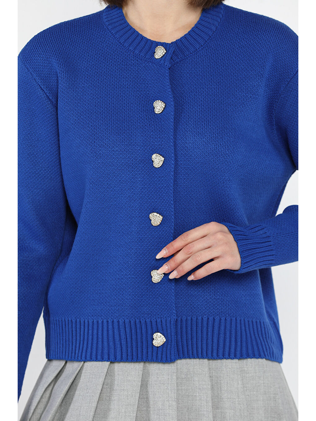 Mavi Kadın Taşlı Kalp Figürlü Düğmeli Triko Hırka-3