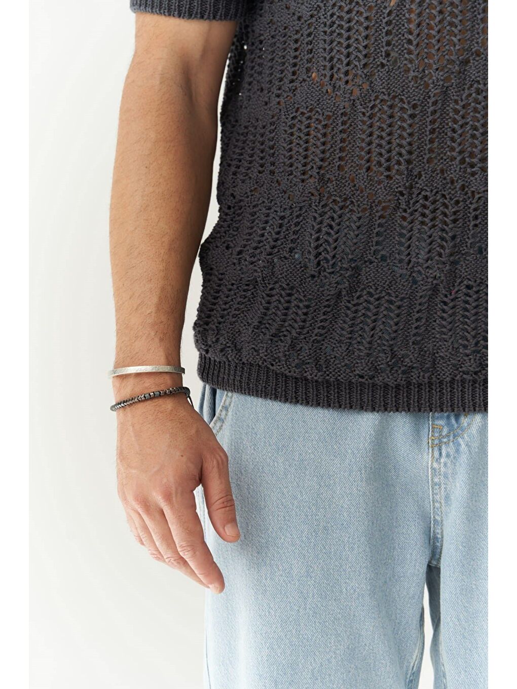 Gri Leonard Erkek Düğme Detay Füme Triko T-Shirt-5