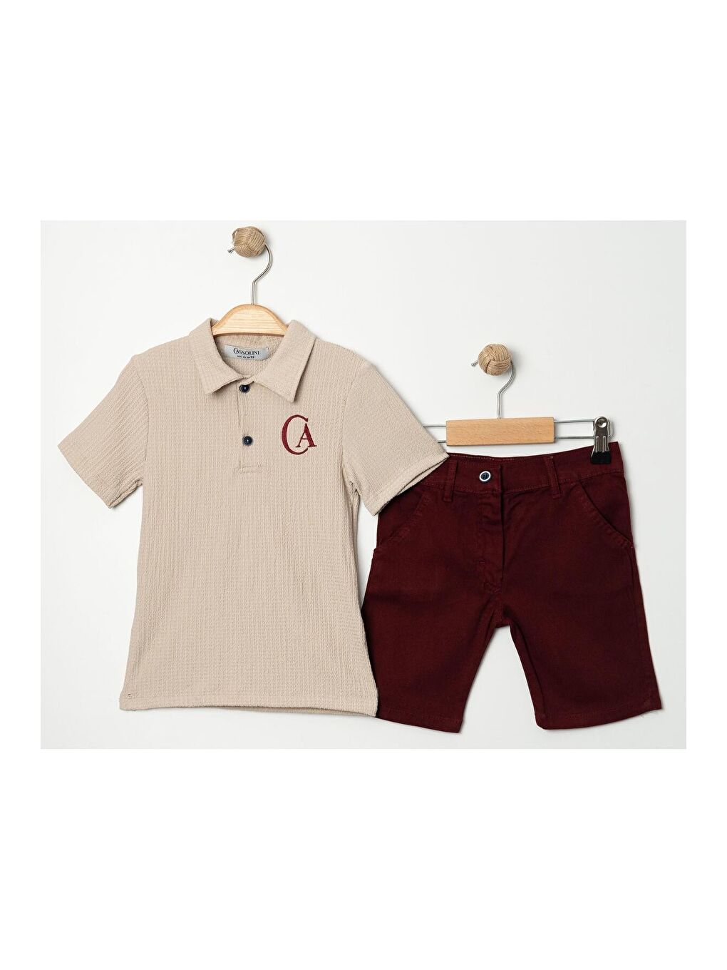 Ekru Tarz Lakos Yaprak Desenli Belden Ayarlanabilir Kısa Kollu Şortlu 2'li Takım Çocuk ve Bebek Giyi-2