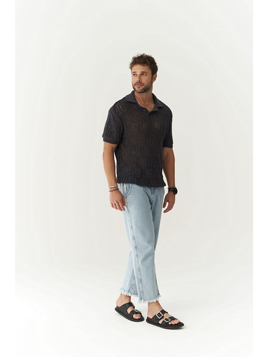 Gri Leonard Erkek Düğme Detay Füme Triko T-Shirt-6