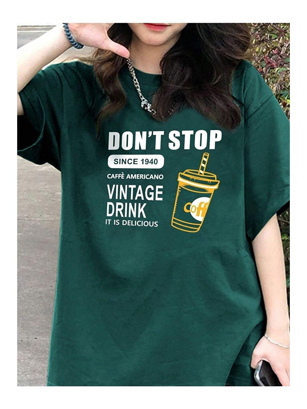 Trendseninle Yeşil Kadın Nefti Yeşil Vintage Drink Baskılı Oversize Tişört - 2