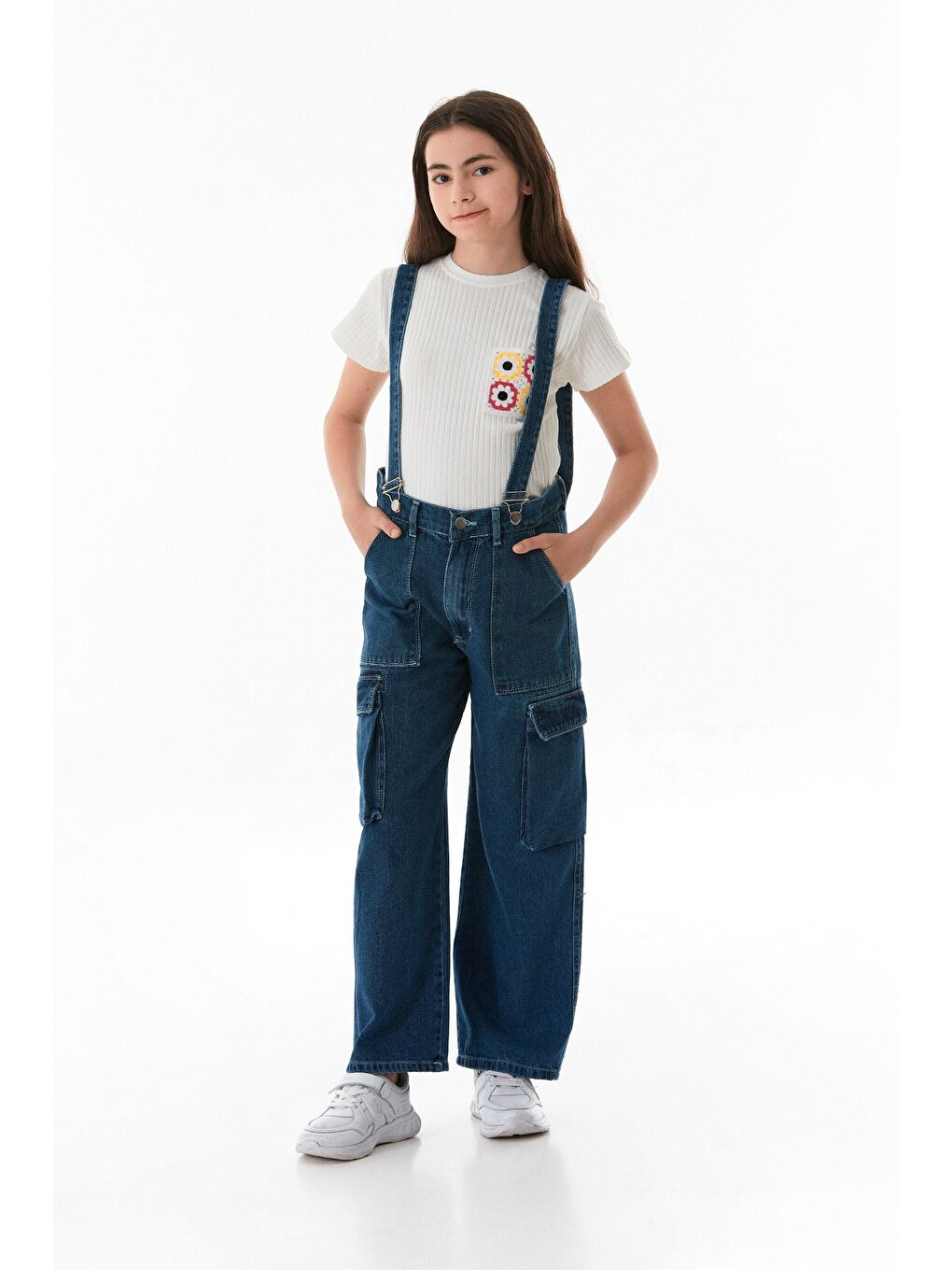 Mavi Yanları Cepli Kız Çocuk Tulum