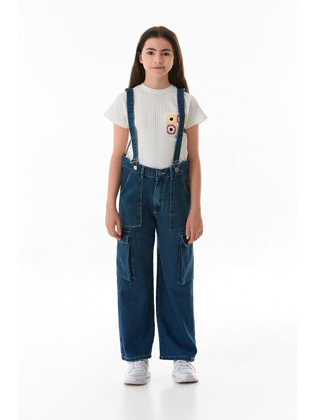 Mavi Yanları Cepli Kız Çocuk Tulum-1