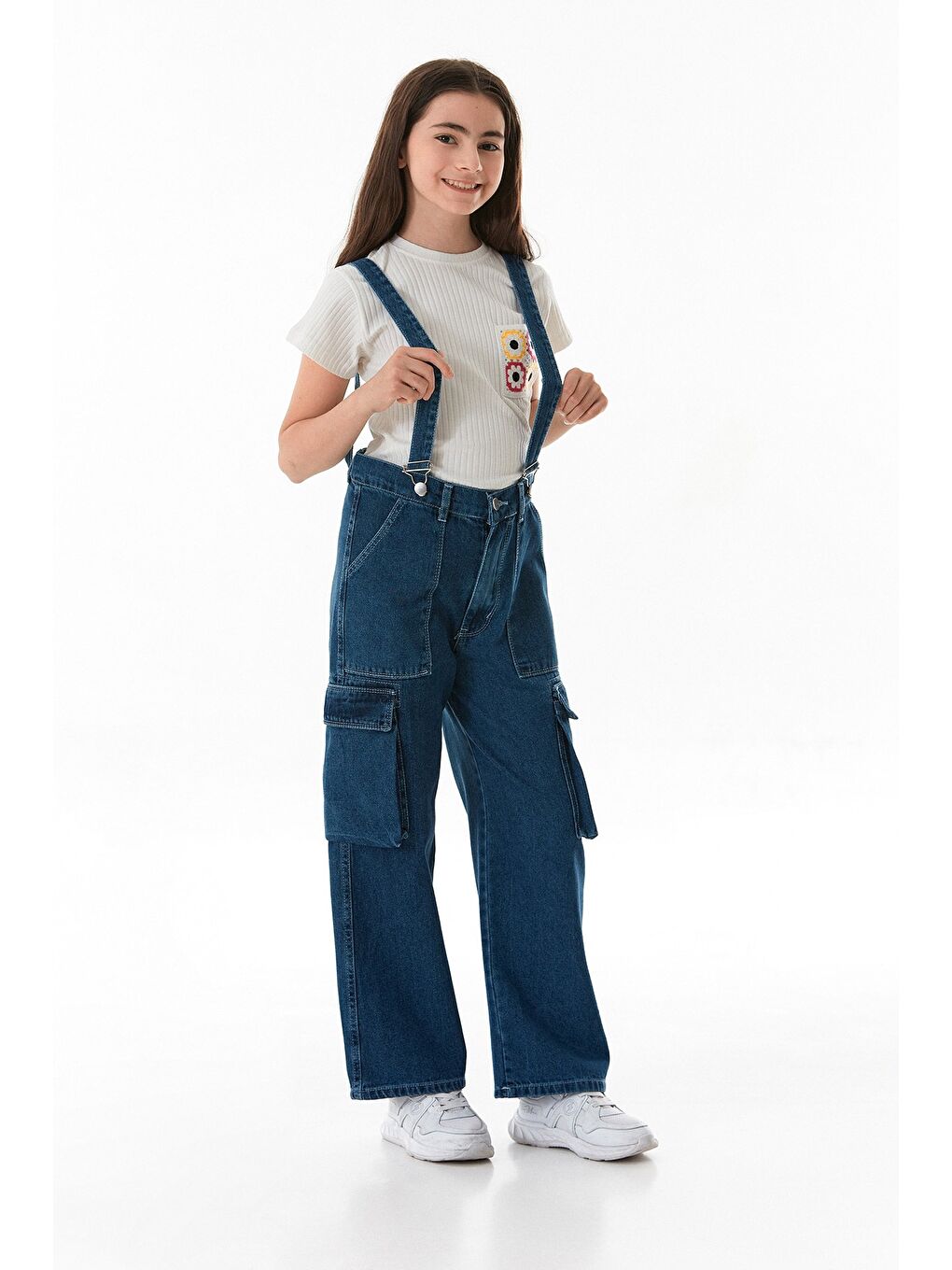 Mavi Yanları Cepli Kız Çocuk Tulum-2