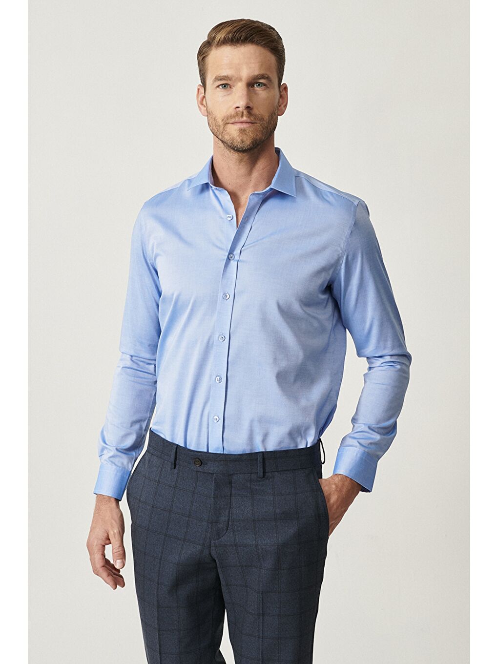 Erkek Mavi Ütü Gerektirmeyen Non-İron Slim Fit Dar Kesim %100 Pamuk Gömlek-1