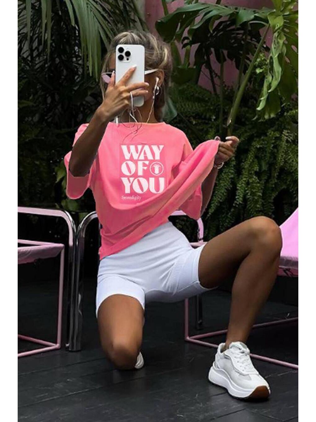 Pembe Baskılı Bisiklet Yaka Overfit Tişört-4