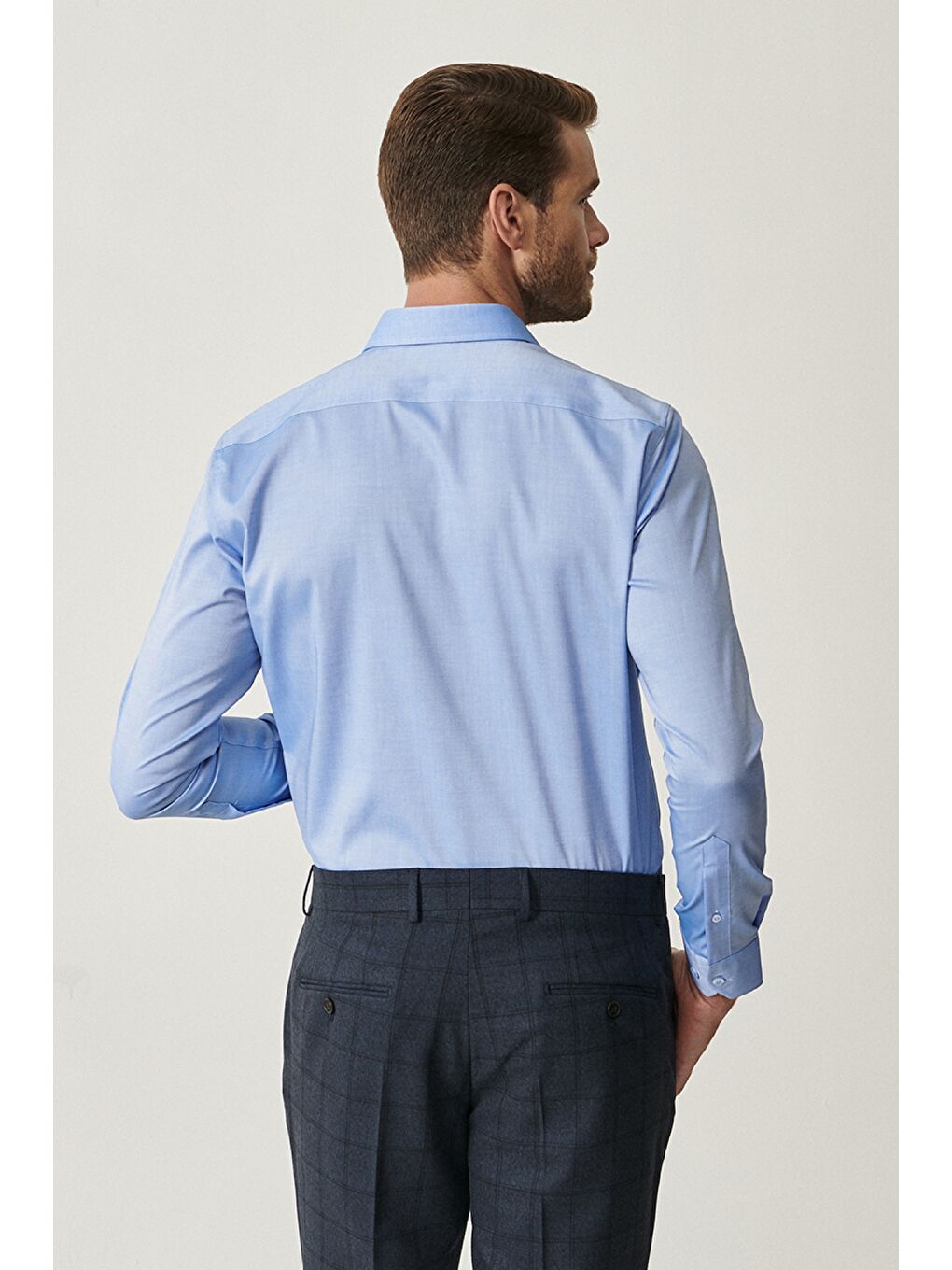 Erkek Mavi Ütü Gerektirmeyen Non-İron Slim Fit Dar Kesim %100 Pamuk Gömlek-2