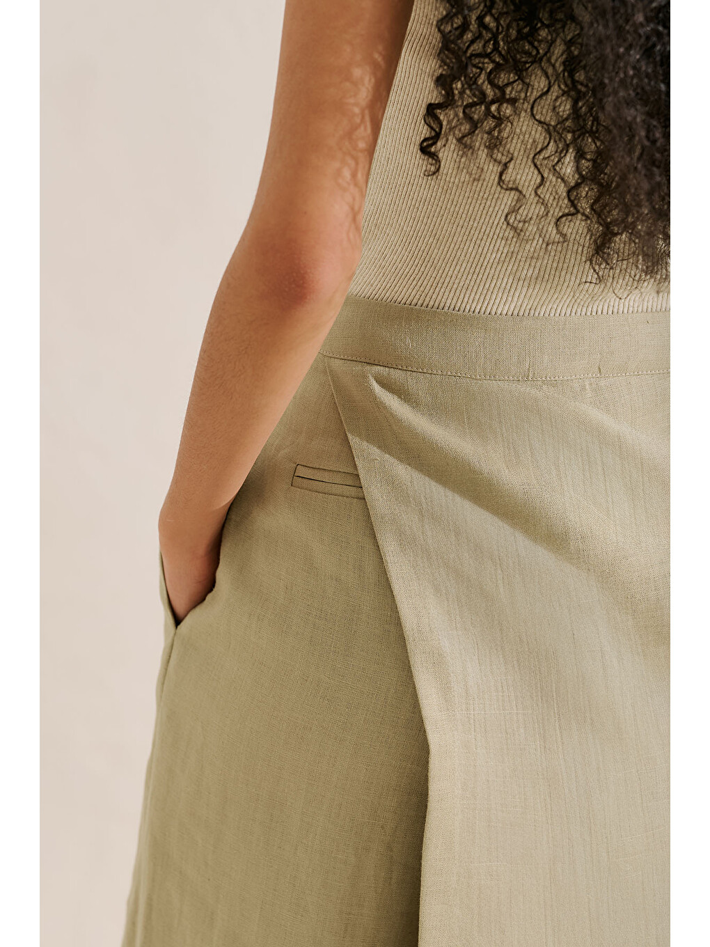 Bej Keten Karışımlı Naturel Etek Pantolon Taş-4