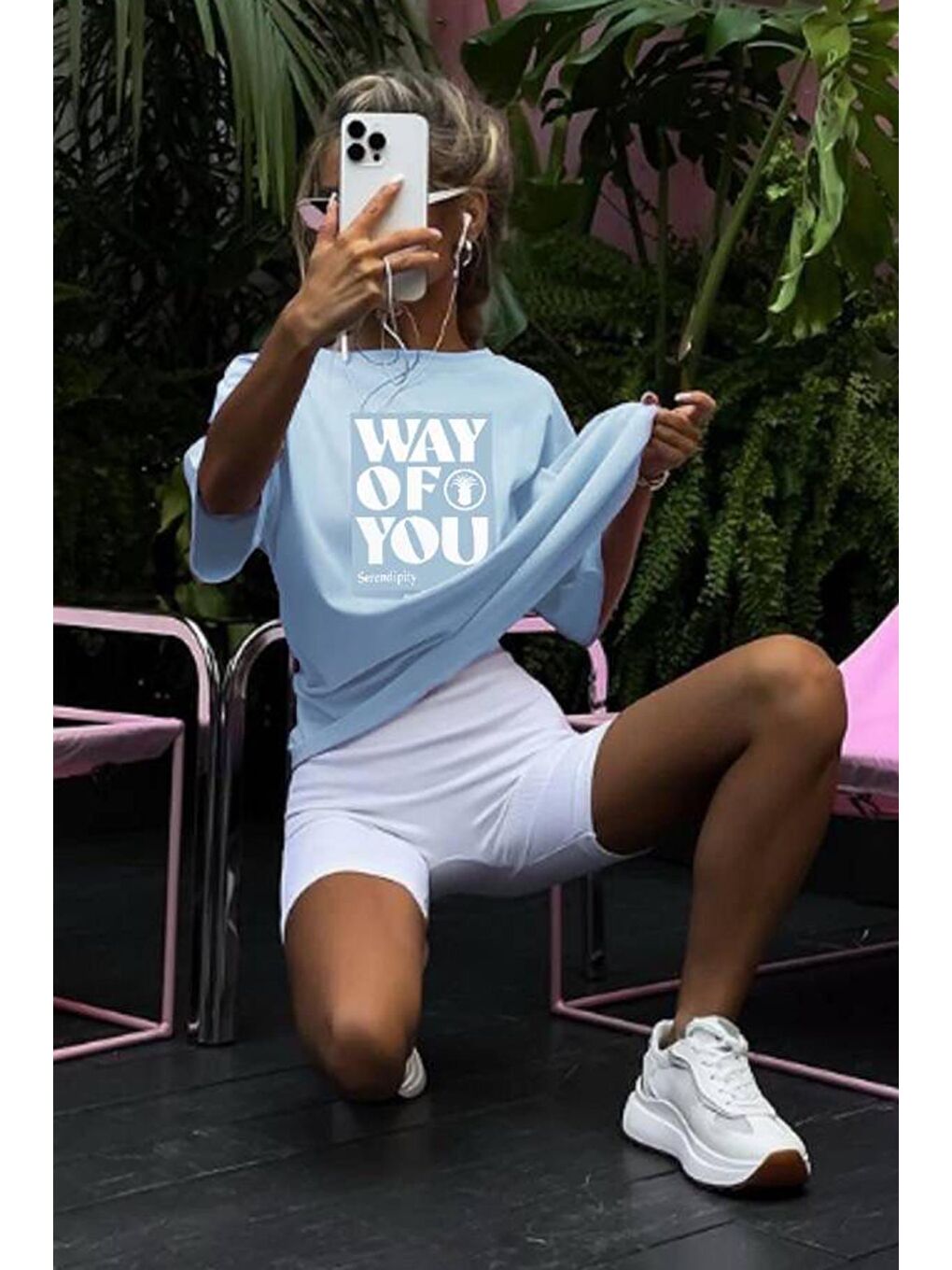 Mavi Baskılı Bisiklet Yaka Overfit Tişört-2