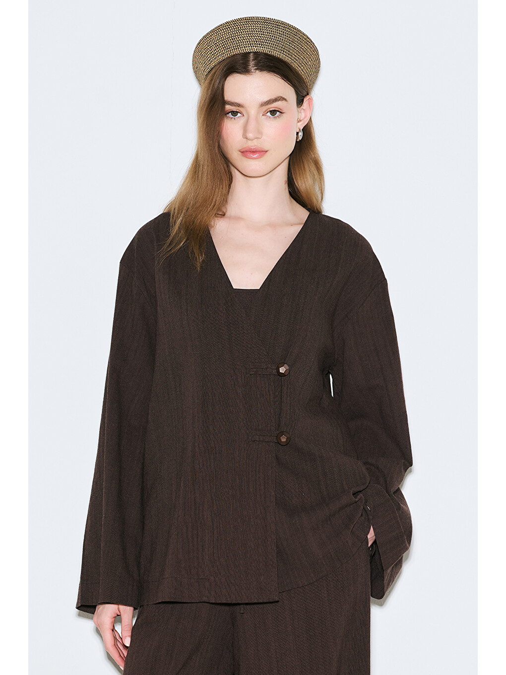 Kahverengi Rustik Düğmeli Kimono Acı Kahve-1