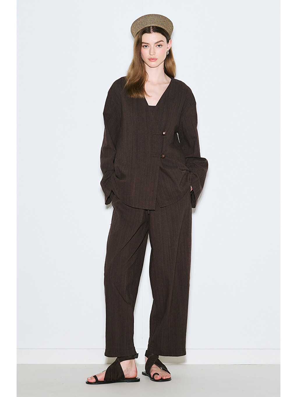 Kahverengi Rustik Düğmeli Kimono Acı Kahve-2