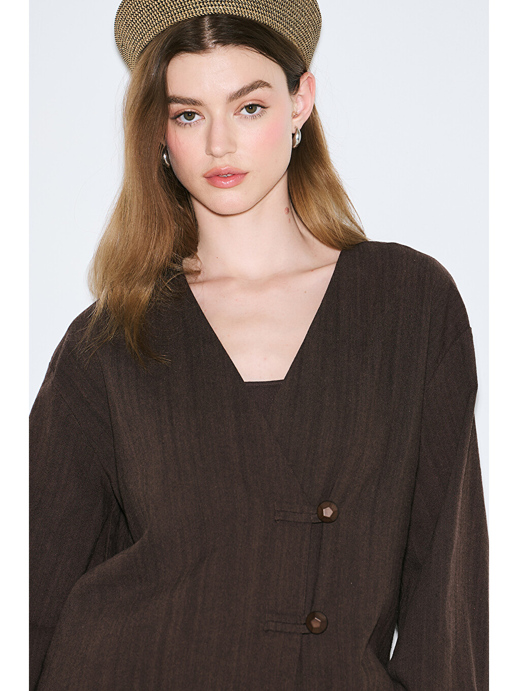 Kahverengi Rustik Düğmeli Kimono Acı Kahve-3