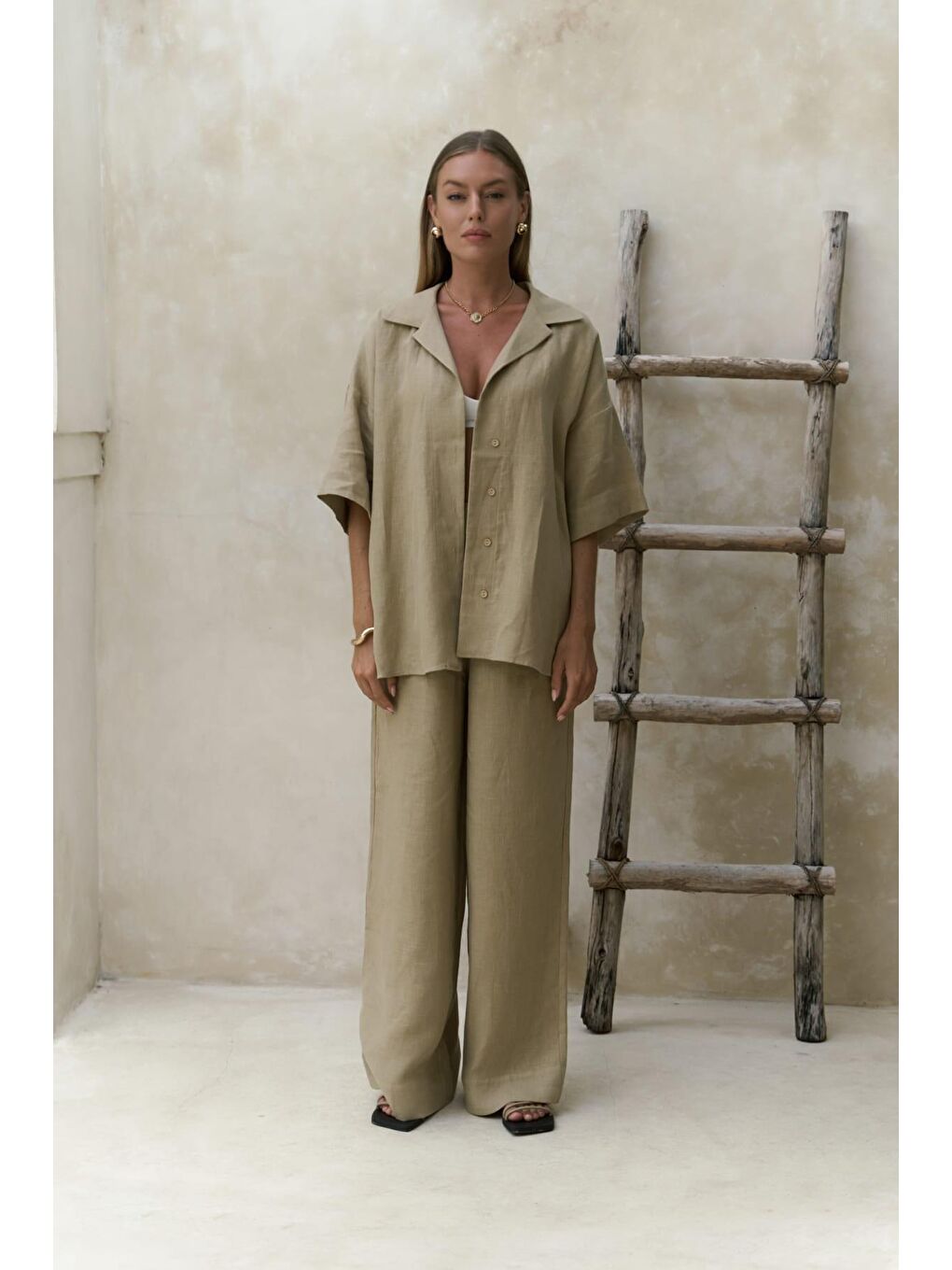 Baron Haki Keten Gömlek Pantolon Takım