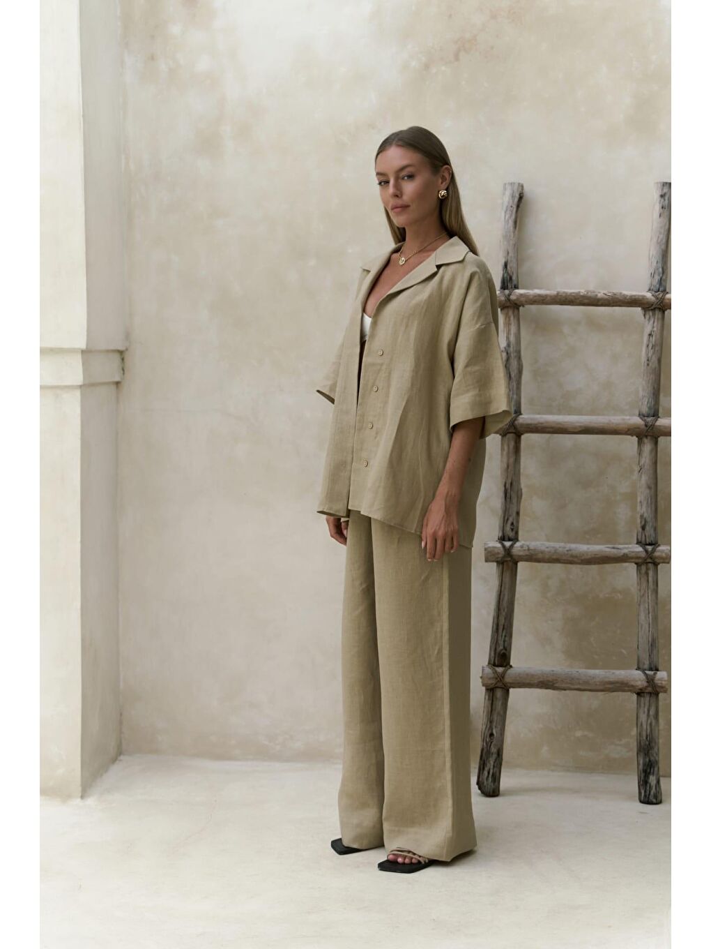 Baron Haki Keten Gömlek Pantolon Takım-1