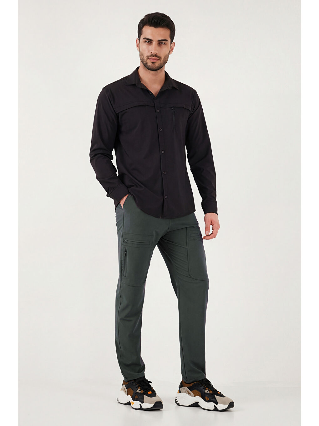 Gri Normal Kalıp Kargo Cepli Lastikli Bel Trekking ve Kurye Pantolon 693710-2