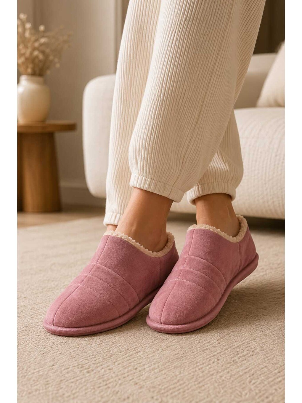 Pembe Unisex, Kapitone Dikişli, İçi Kürklü, Süet Ev Terliği, Sıcak Tutan Panduf-4