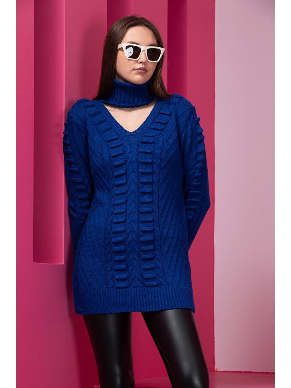 Mavi Kadın Önü Yığmalı Triko Kazak