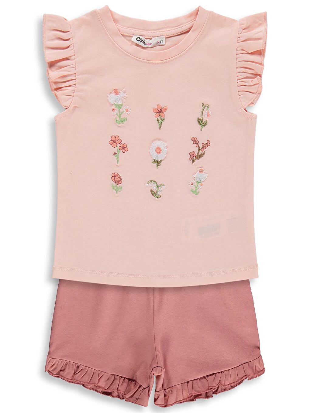 Pembe Girls Çiçek Nakışlı 2-5 Yaş Takım - Somon-Açık Kiremit
