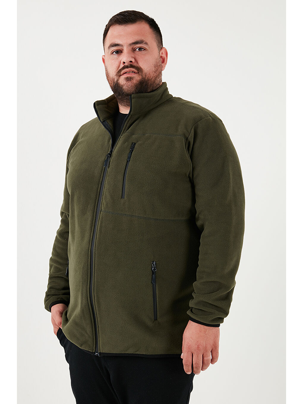 Haki Regular Fit Dik Yaka Fermuarlı Büyük Beden 2'li Paket Polar Hırka 5906028BS2-2