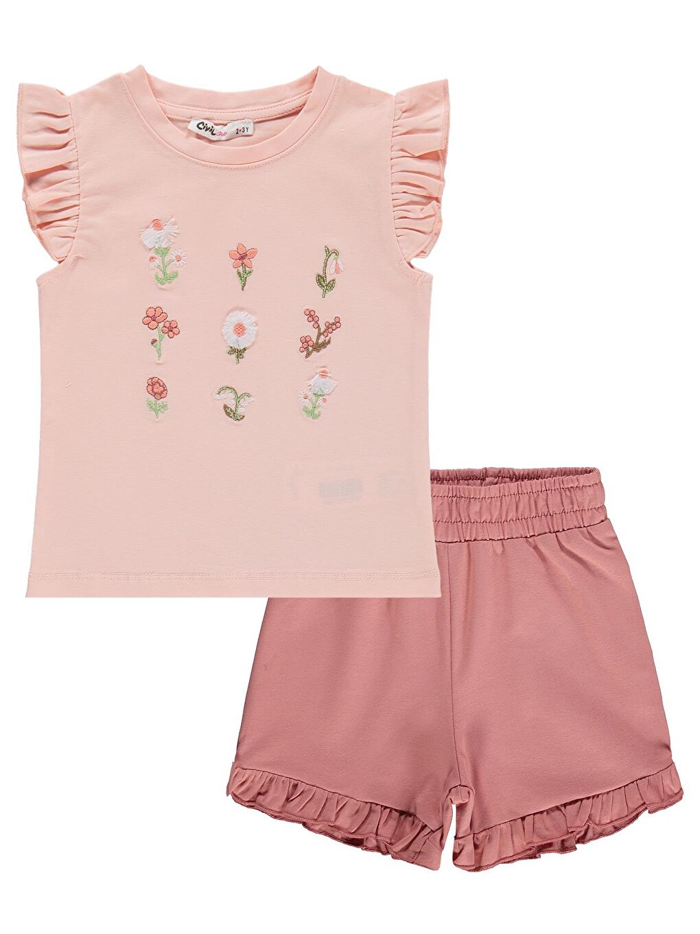 Pembe Girls Çiçek Nakışlı 2-5 Yaş Takım - Somon-Açık Kiremit-2