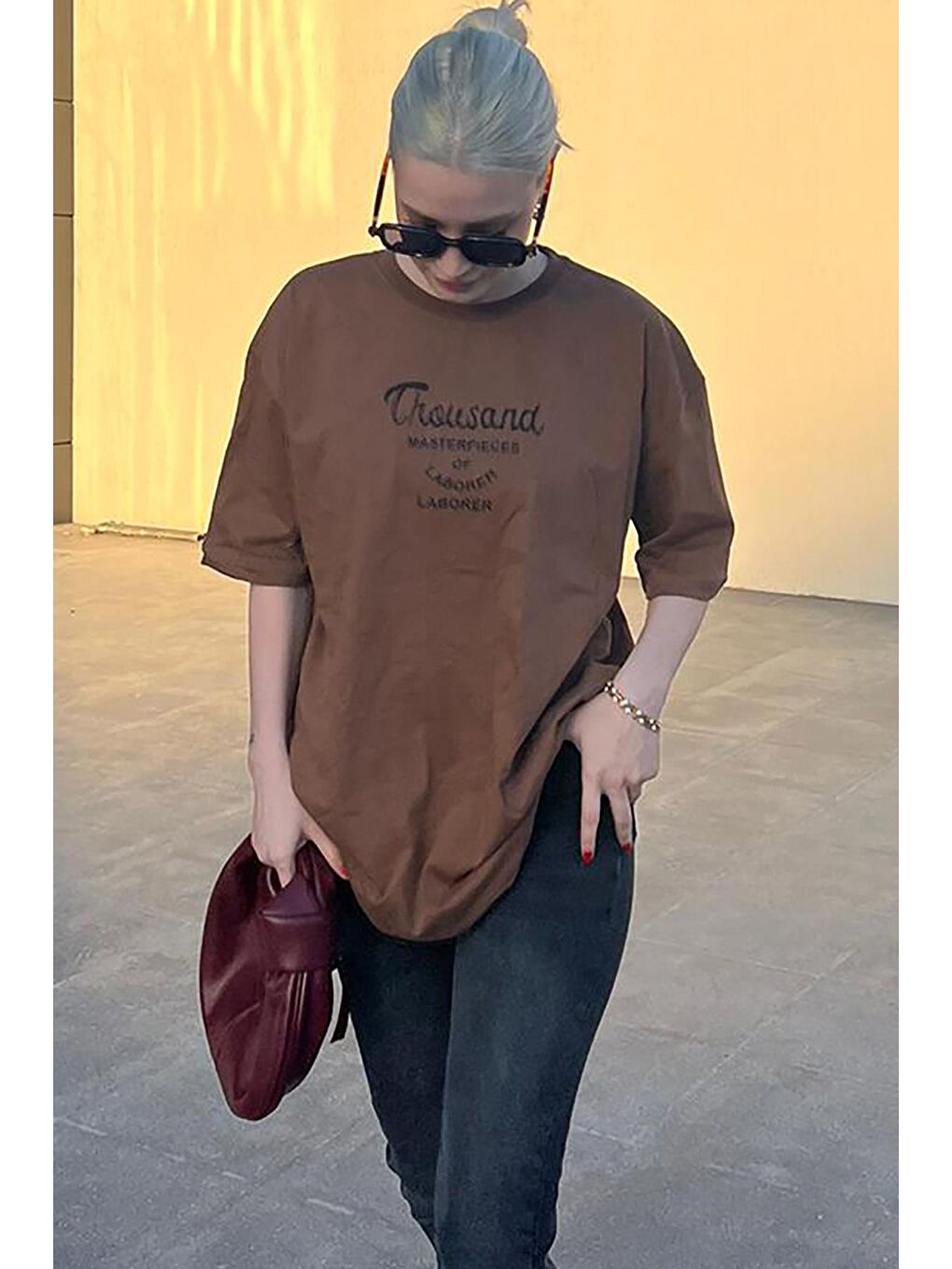 Kahverengi Baskılı Kadın Tişört Mg1978-1