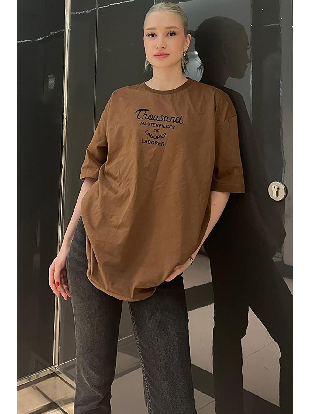 Kahverengi Baskılı Kadın Tişört Mg1978-2