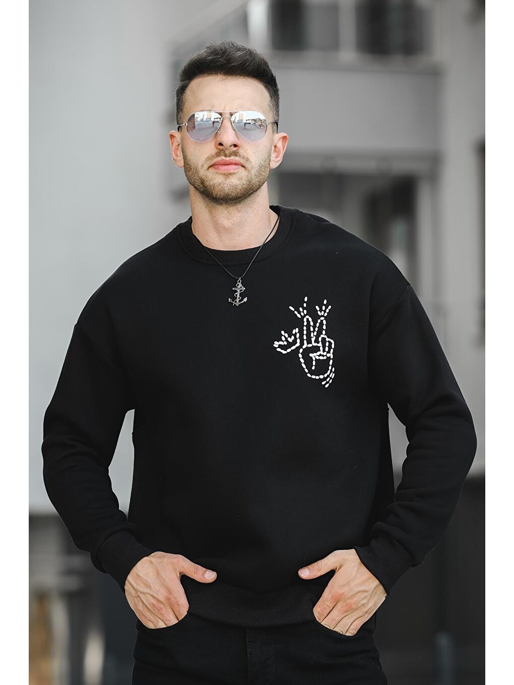 Siyah Üç İplik Şardonlu Sırt Baskılı Bisiklet Yaka  Erkek Sweatshirt