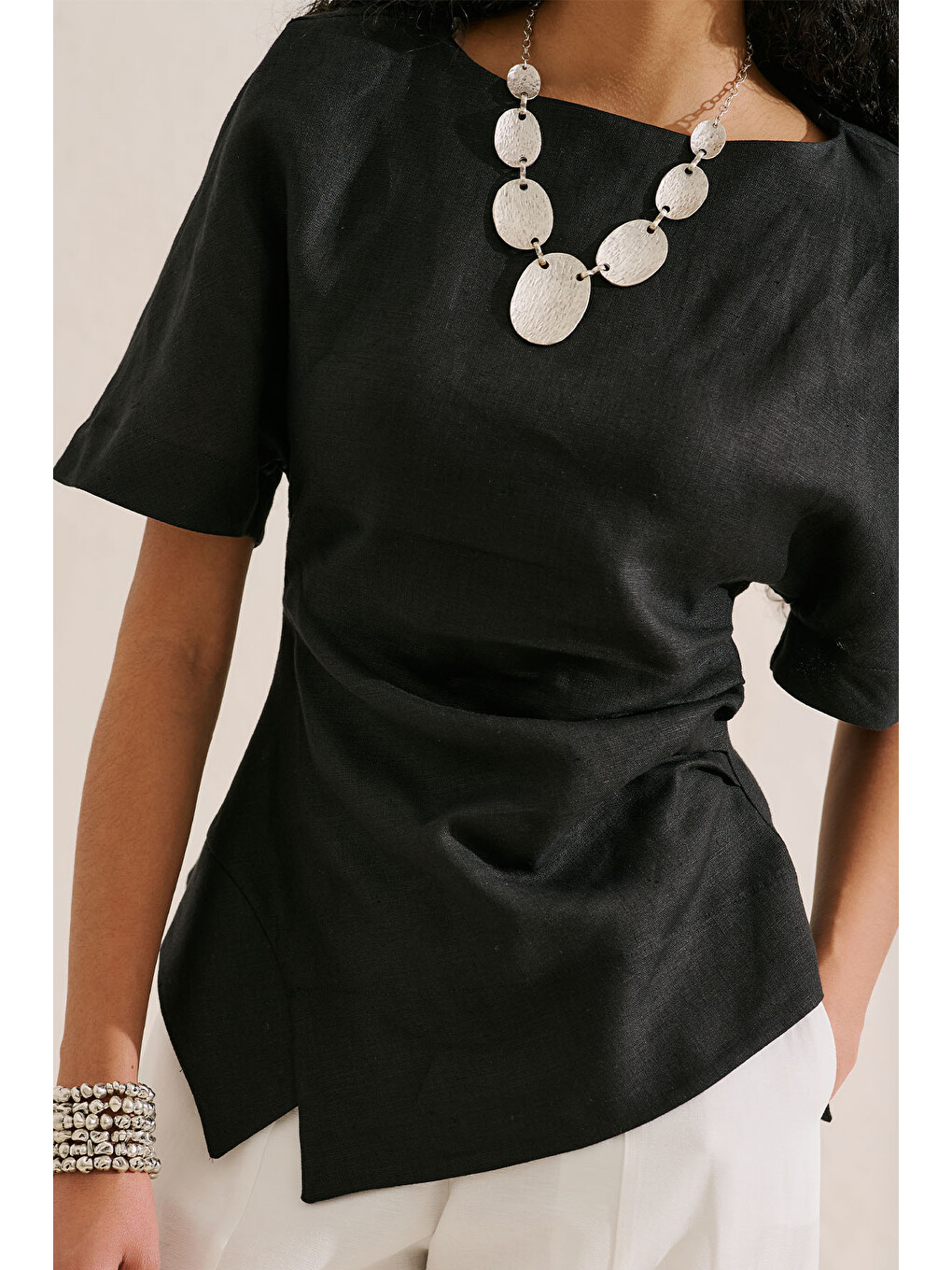 Keten Asimetrik Bluz Siyah-1