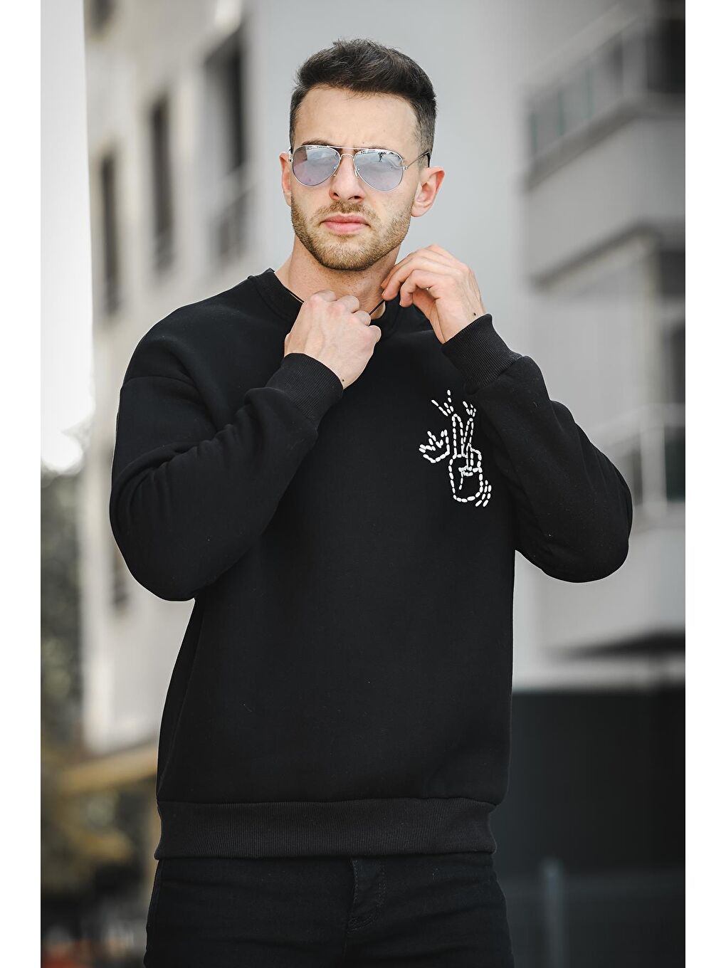 Siyah Üç İplik Şardonlu Sırt Baskılı Bisiklet Yaka  Erkek Sweatshirt-1