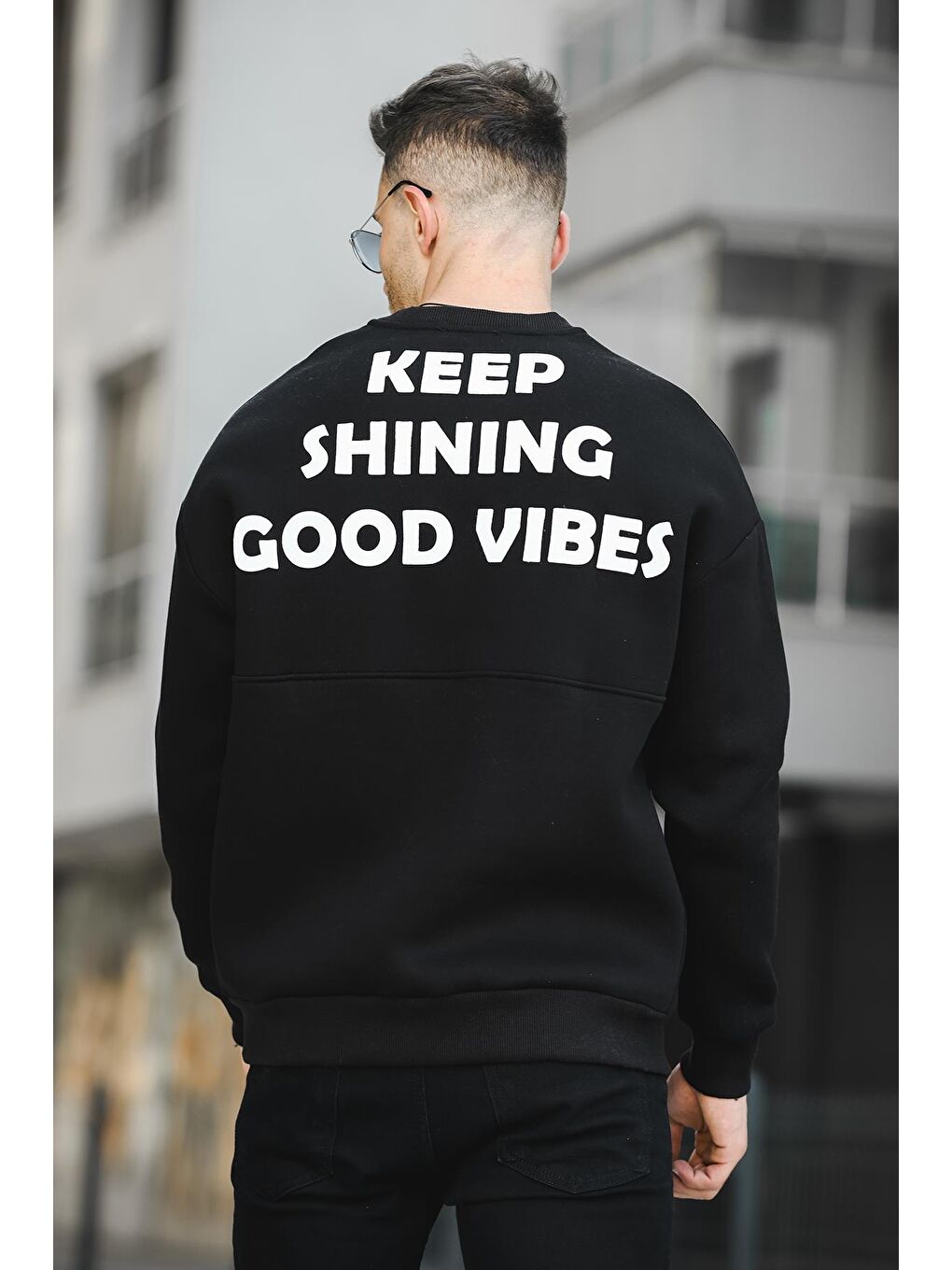 Siyah Üç İplik Şardonlu Sırt Baskılı Bisiklet Yaka  Erkek Sweatshirt-3