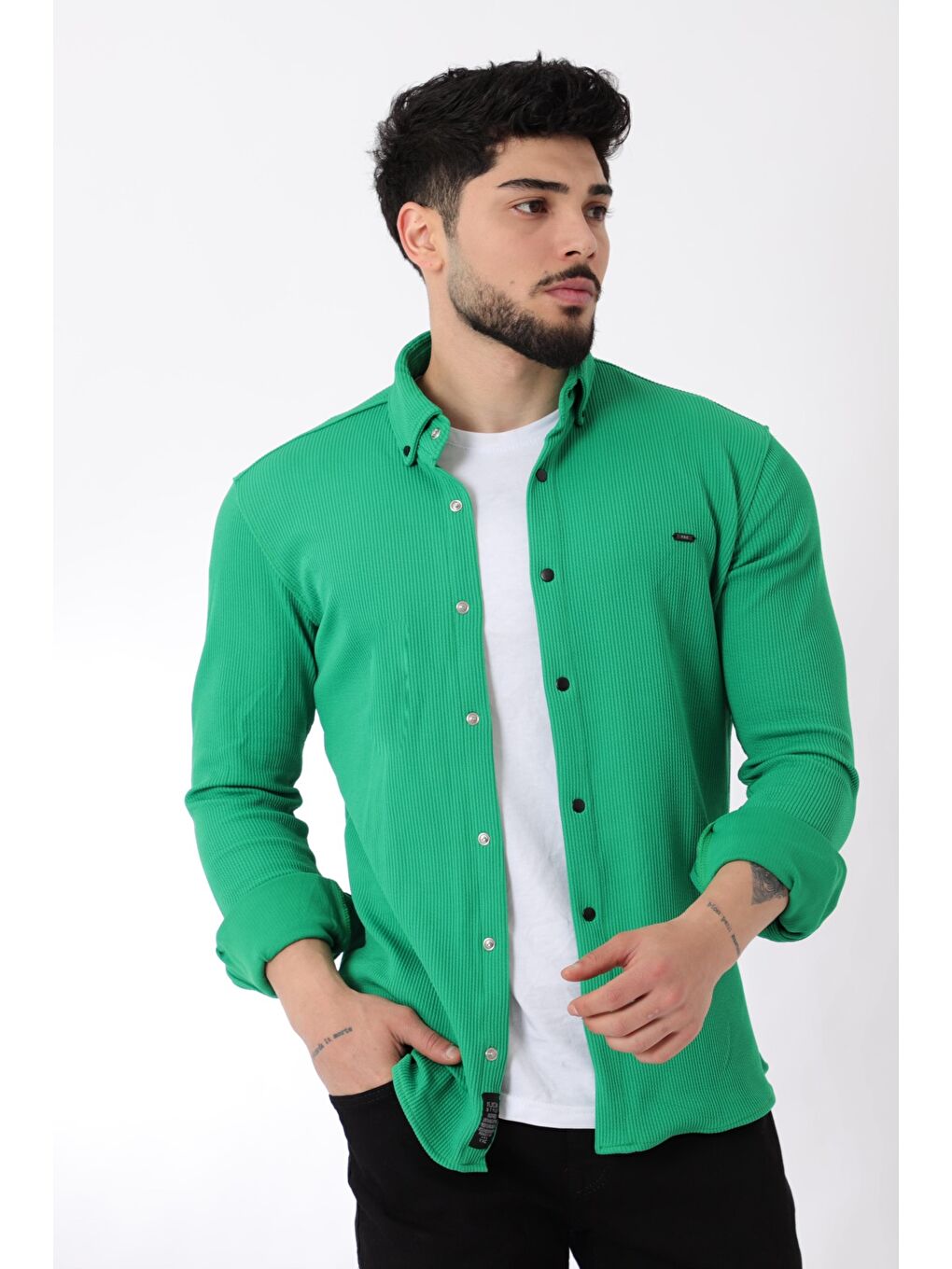 Stilkombin Yeşil Düz Slim Fit Örme Gömlek XC U16788_40297