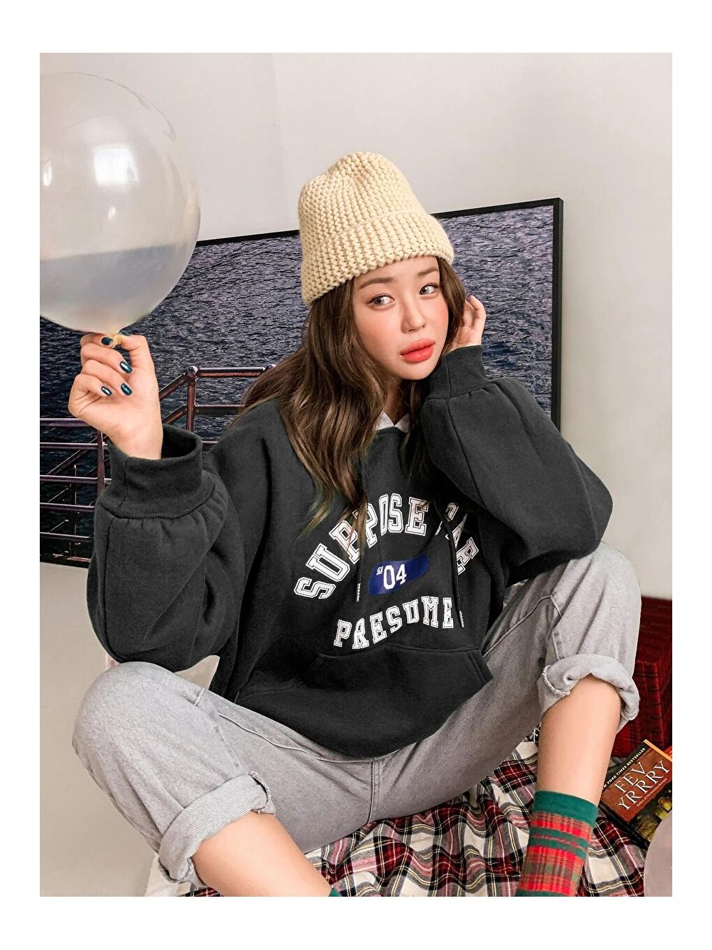 Kadın Siyah Suppose Baskılı Oversize Sweatshirt-2