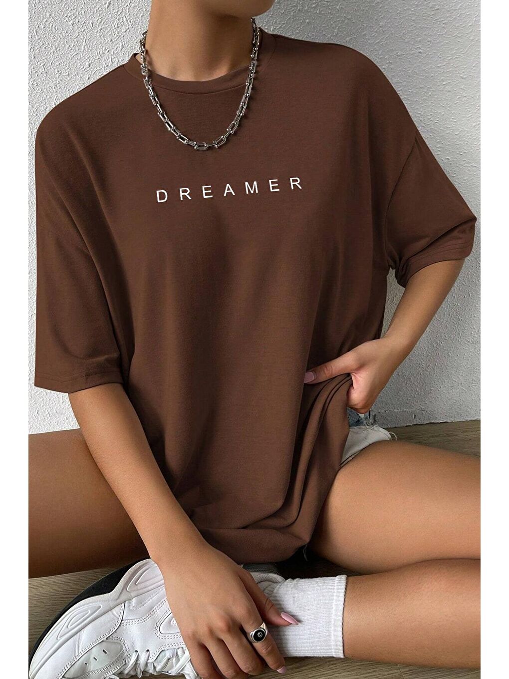 uyguntarz Kahverengi Unisex Dreamer Baskılı Oversize Tshirt