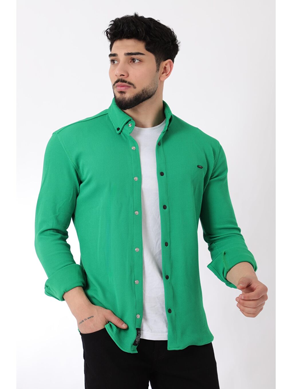 Stilkombin Yeşil Düz Slim Fit Örme Gömlek XC U16788_40297 - 3