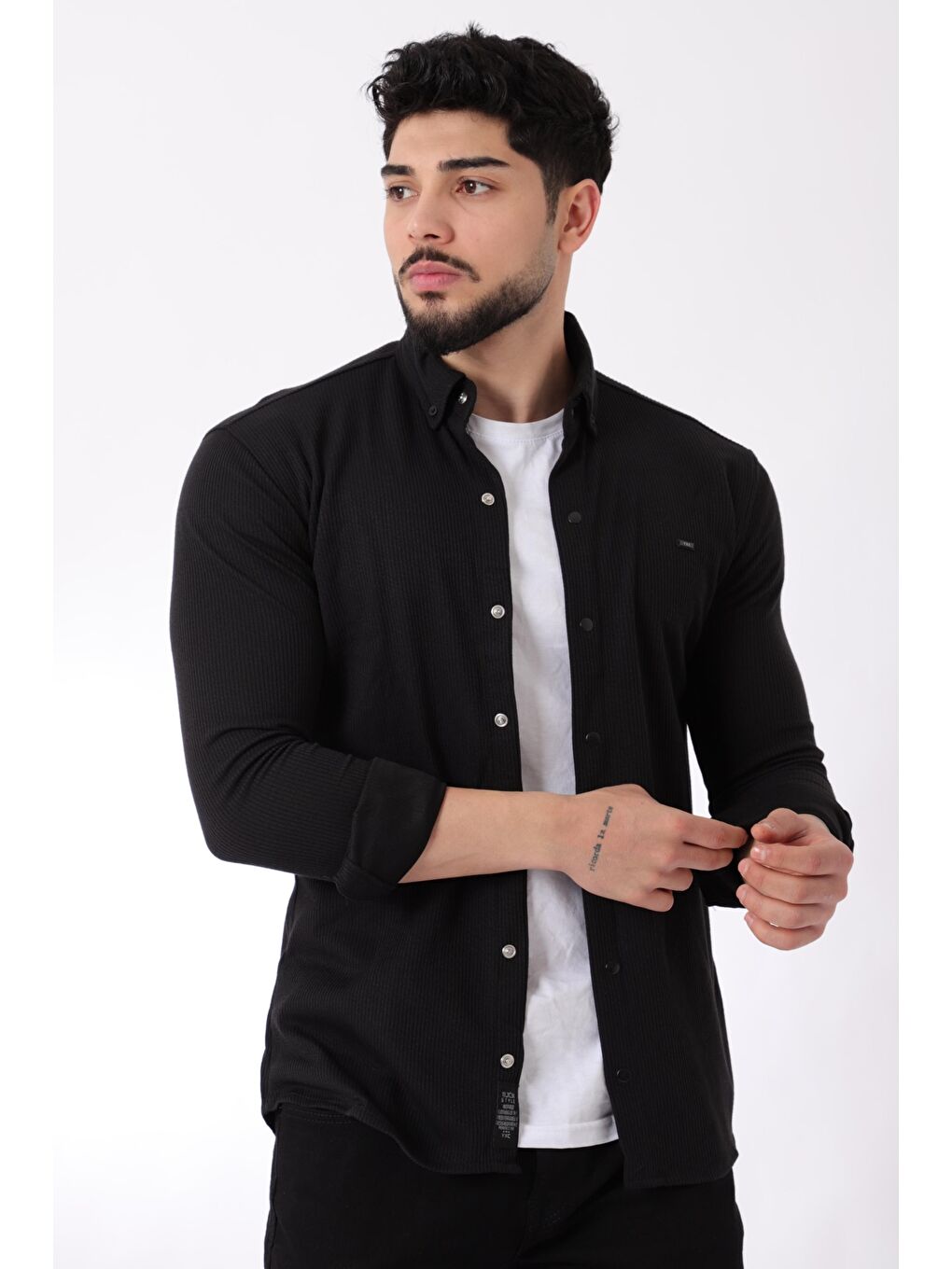 Stilkombin Siyah Düz Slim Fit Örme Gömlek XC U16788_40297 - 1