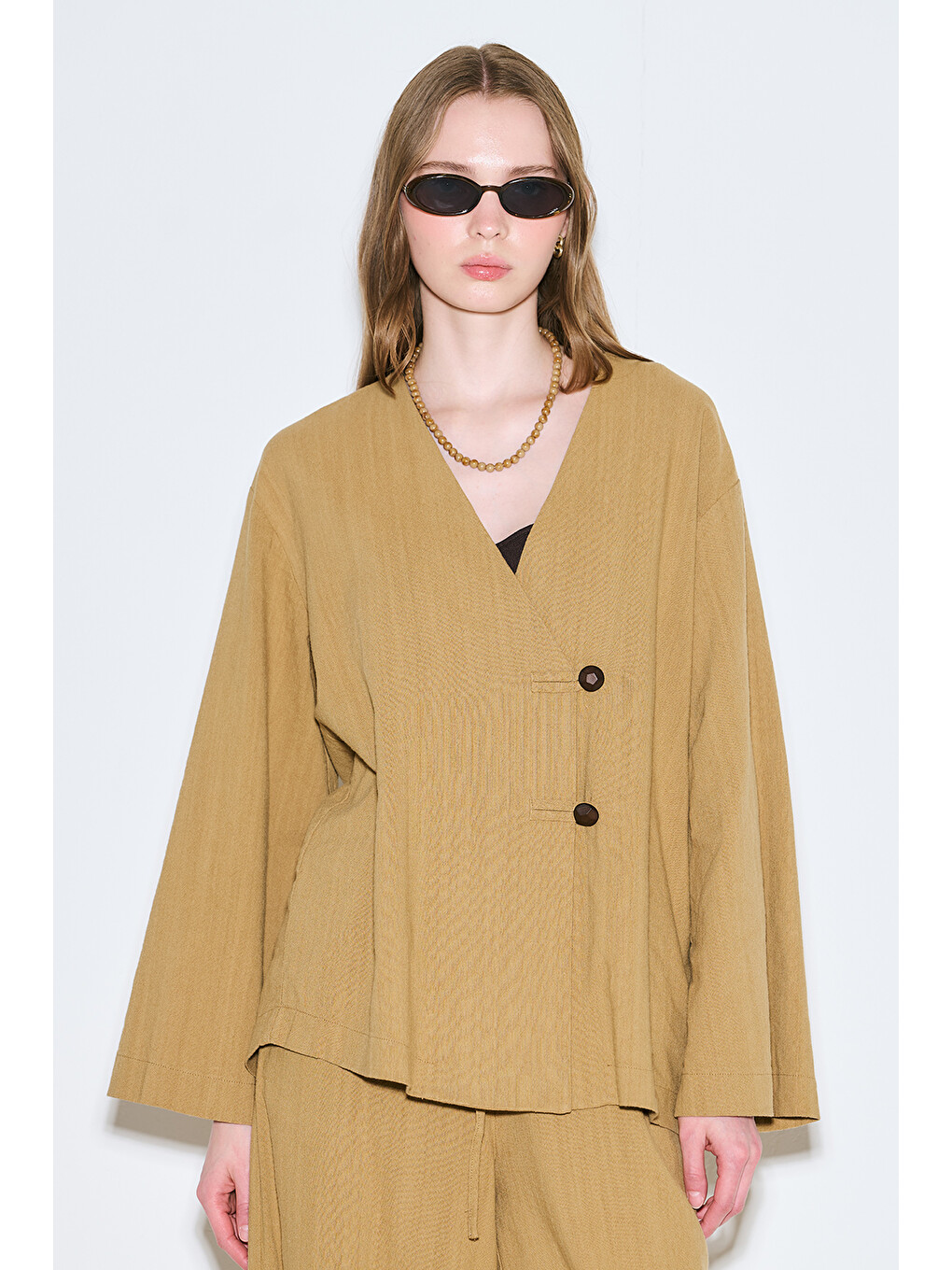 Sarı Rustik Düğmeli Kimono Safran-4