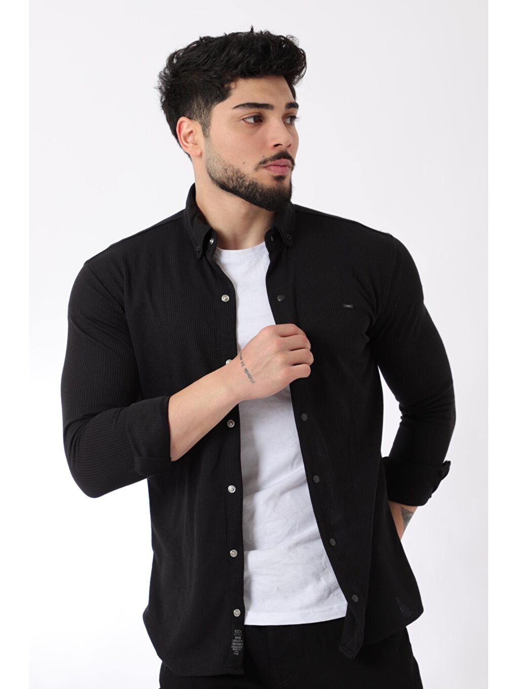 Stilkombin Siyah Düz Slim Fit Örme Gömlek XC U16788_40297 - 2