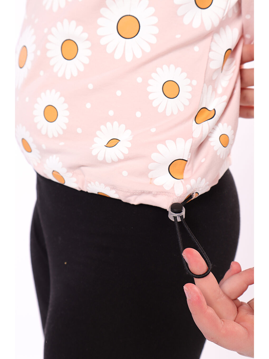 Pembe Kız Çocuk Komple Papatya Baskılı Tişört-1