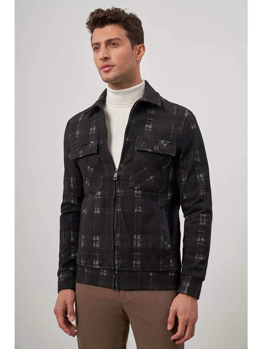 Siyah Örme Bebe Yaka Kendinden Desenli Yırtmaçsız Astarsız Slim Fit Classic Mont 1007245157