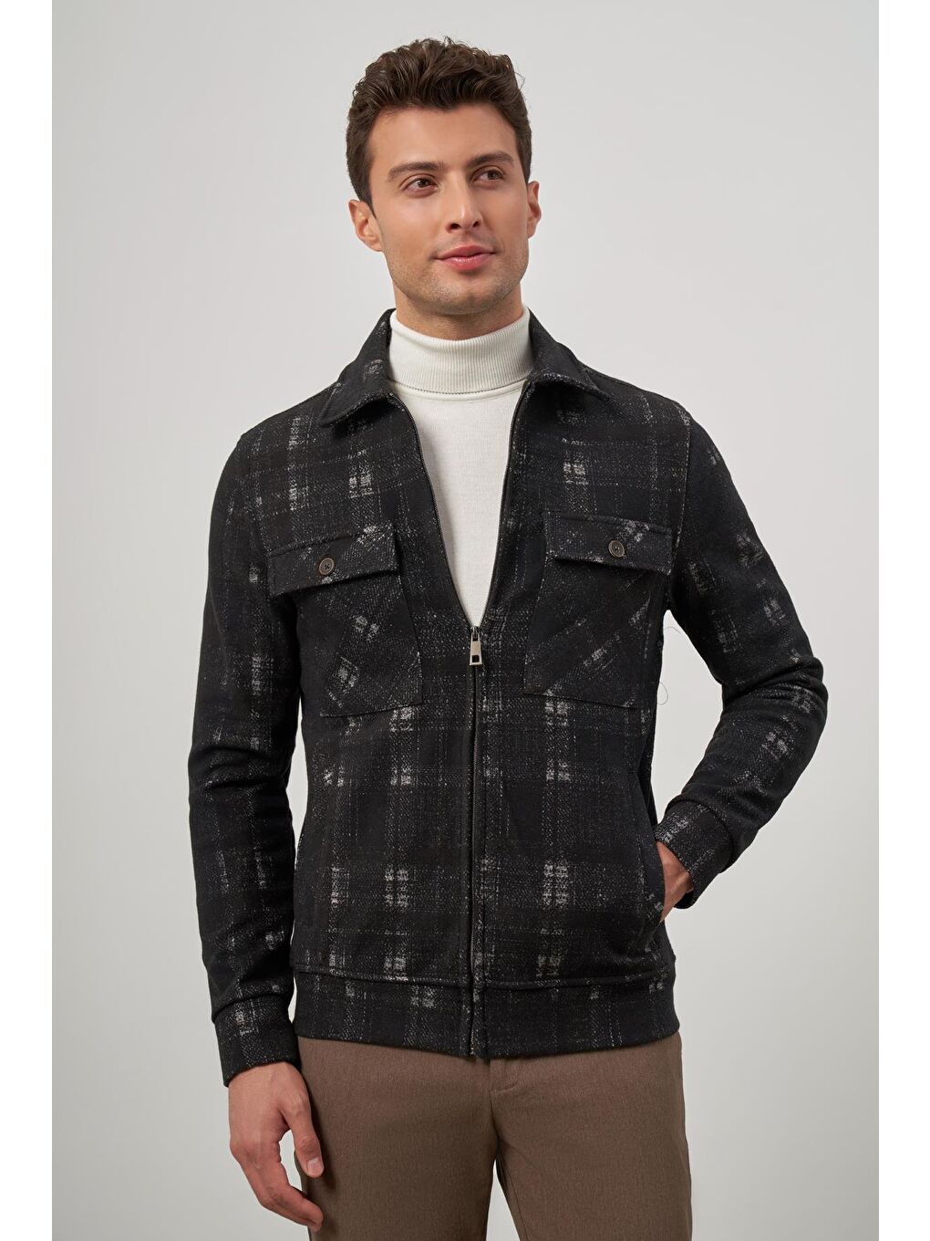 Siyah Örme Bebe Yaka Kendinden Desenli Yırtmaçsız Astarsız Slim Fit Classic Mont 1007245157-3