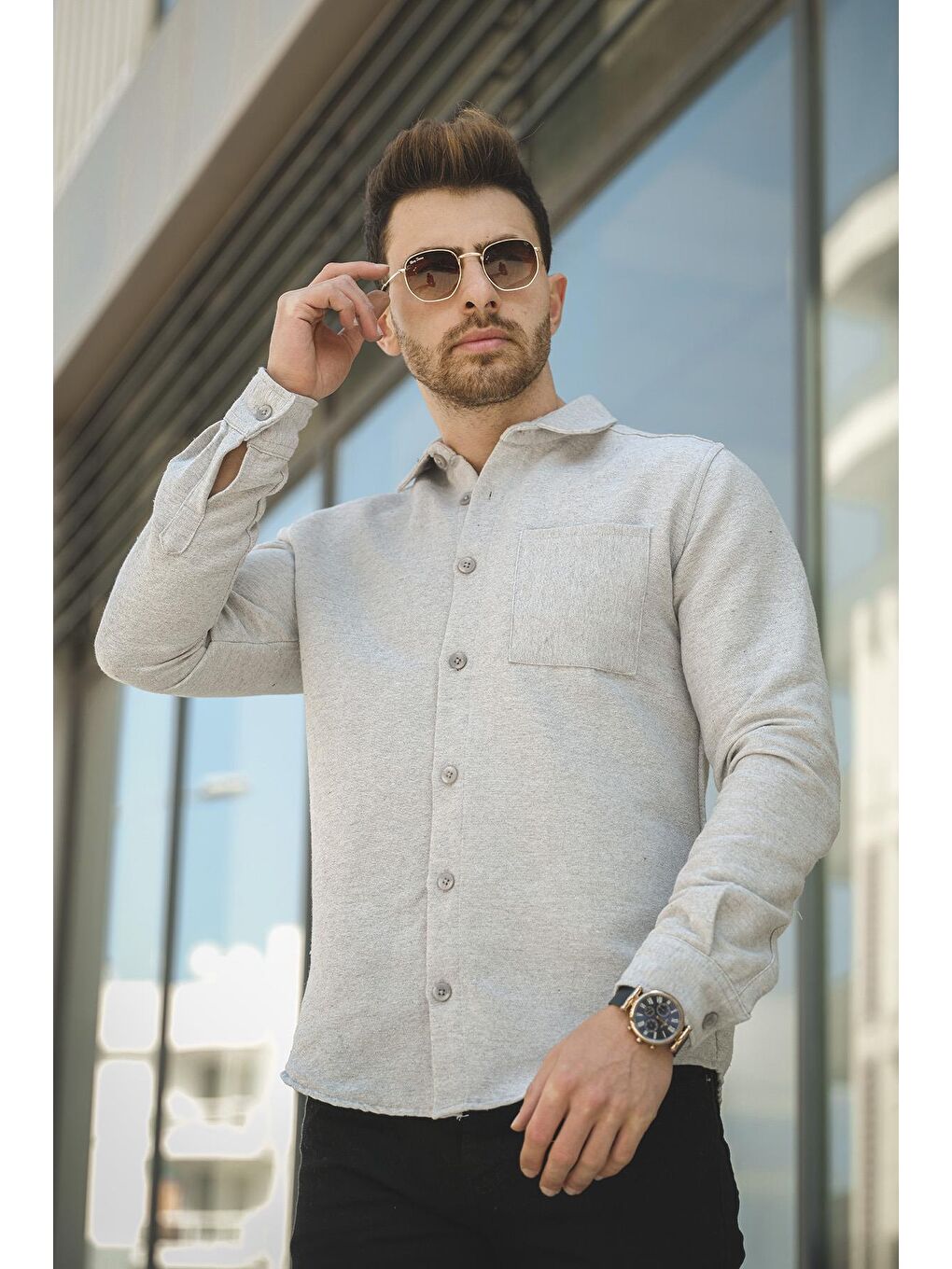 Gri Slim Fit Tek Cep Kışlık Oxford Erkek Gömlek