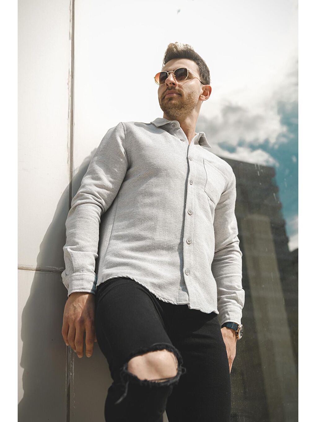 Gri Slim Fit Tek Cep Kışlık Oxford Erkek Gömlek-1